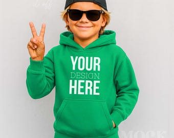 Boy Irish Green Gildan Youth Hooded Sweatshirt Mockup, Irish Green Gildan 18500B Hoodie Mock, Cool Boy Hoodie Children's Boho Hoodie Mockup