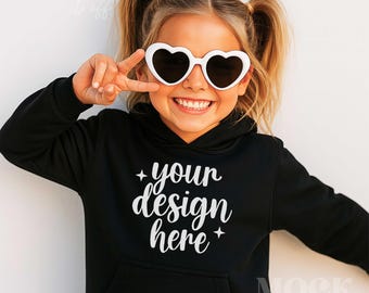 Girl Black Gildan Youth Hooded Sweatshirt Mockup, Black Gildan 18500B Hoodie Mockup, Cool Girl Hoodie Children's Boho Hoodie Mockup