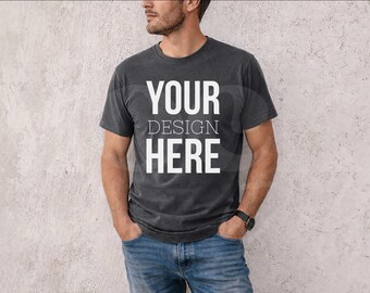 Male Mockup, Comfort Colors Pepper Mockup, C1717 Trendy Shirt Mockup, Mens Mock-up, Pepper Grey Shirt Mockup, Manly Model Outside Mockup