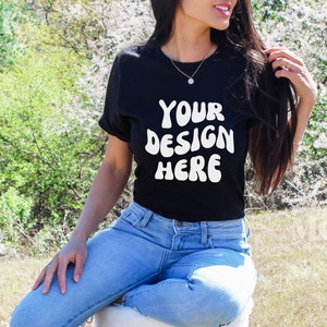 Spring Mockup, Bella Canvas 3001 TShirt Mockup, Women&#39;s Black T-shirt Mockup, Diverse Model Mockup, Lifestyle Mockup, Asian Model Mockup