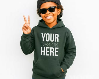 Boys Forest Green Gildan 18500B Gildan Hooded Sweatshirt Youth Mockup, POC Children's Diverse Inclusive Black Boy Hoodie, Cool Boy Mockup
