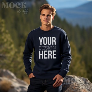 Male Mockup, Hiking Mockup, Navy Gildan 18000 Sweatshirt Mockup, Navy Gildan Sweatshirt, Mens Outdoorsy Woods, Manly Mock Outside Mountain