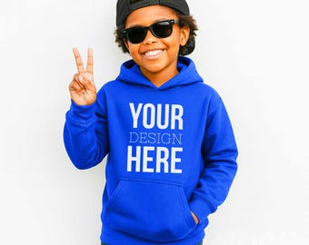 Boys Royal Gildan 18500B Gildan Hooded Sweatshirt Youth Mockup, POC Children's Diverse Inclusive Black Boy Hoodie, Cool Boy Royal Blue Mock
