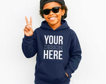 Boys Navy Gildan 18500B Gildan Hooded Sweatshirt Youth Mockup, POC Children's Diverse Inclusive Black Boy Hoodie, Cool Boy Navy Blue Mockup