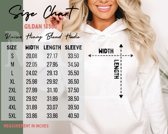 Gildan 18500 Größentabelle, Weiß Gildan 18500 Hoodie Mockup, Größentabelle Gildan 18500 Mockup, weibliches Modell Trendy Oversize Gildan Hoodie Boho