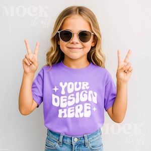 Kids Mockup, Violet Comfort Colors 9018 Youth Midweight Tee Mockup, Children's Violet Purple T-shirt Mockup Trendy, Outside Summer Kids Mock