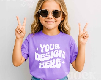 Kids Mockup, Violet Comfort Colors 9018 Youth Midweight Tee Mockup, Children's Violet Purple T-shirt Mockup Trendy, Outside Summer Kids Mock