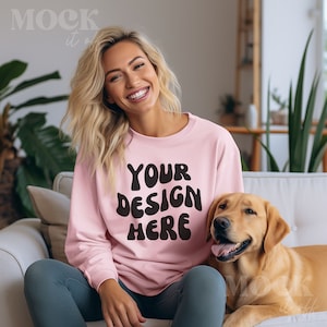 Dog Mockup, Light Pink Gildan 18000 Sweatshirt Mockup, Women&#39;s Pink Sweatshirt Mockup, Blonde Model, Boho Aesthetic, Pink Gildan Crewneck
