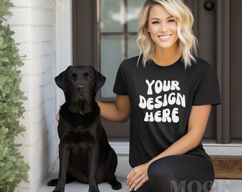 Dog Mom Mockup, Bella Canvas 3001 Black Tshirt Mockup, Pet Mockup, Boho Chic Outside Porch Mock, Black Tshirt Lab Dog Mama Mockup