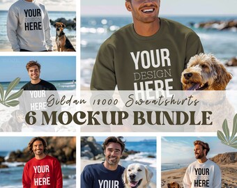 Hond Mockup Bundel, Heren Gildan 18000 Sweatshirt Mockup Bundel, Manly Sweatshirt Mockup Bundel, Gildan Bundel, Dog Lover Beach Ocean Mocks