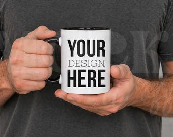 Male Mockup, 11 oz Black Accent Mug Mock, White Mug with Black Handle, Coffee Mug Ceramic with Guy Mock, Manly Mug Indoor Lifestyle Mockup