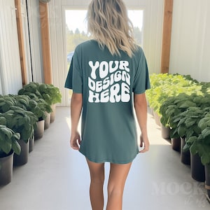 Blue Spruce Back of Shirt Mockup, Comfort Colors 1717 shirt Mockup, Female Model Blue Spruce Comfort Colors, Boho Greenery Lifestyle Mockup