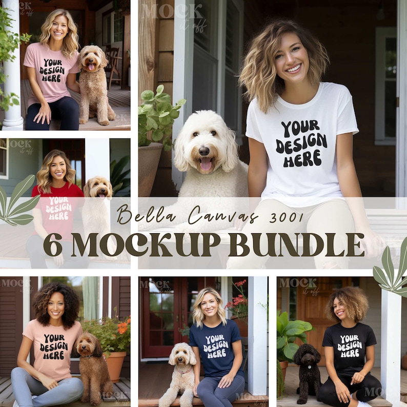 May include: A mockup bundle of six Bella Canvas 3001 t-shirts featuring a variety of colors and models. Each t-shirt has the text "Your Design Here" printed on the front.