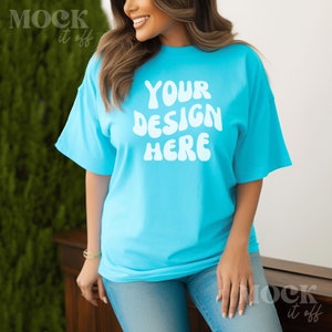 Lagoon Blue Mockup, Comfort Colors C1717 Lagoon Blue Mockup, Trendy Oversized Shirt Mockup, Lagoon Blue Womens Mock, Boho Greenary Aesthetic