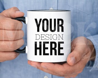 Male Mockup, 11 oz Black Accent Mug Mock, White Mug with Black Handle, Coffee Mug Ceramic with Guy Mock, Manly Mug Indoor Lifestyle Mockup