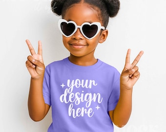 Girl Mockup, Violet Comfort Colors 9018 Youth Midweight Tee African American Mock, POC Children's Diverse Inclusive Kids Purple Shirt Mock
