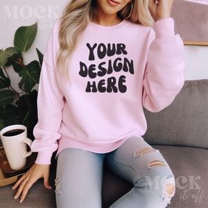 Light Pink Gildan 18000 Sweatshirt Mockup, Women&#39;s Pink Sweatshirt Mockup, Indoor Cozy Boho Chic Aesthetic, Light Pink Gildan Crewneck Mock