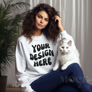 Cat Mockup, White Gildan 18000 Sweatshirt Mockup, Woman with Cat, White Sweatshirt Mock, Brunette Model Boho Aesthetic White Gildan Crewneck