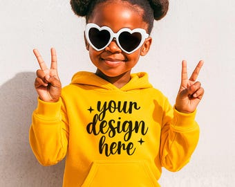 Girls Gold Gildan Youth Hooded Sweatshirt Mockup, White POC Children's Diverse Inclusive Black Girl Hoodie Mock, Cool Girl Yellow Mockup