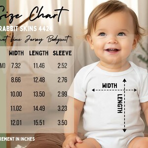 May include: Size chart for infant baby onesies, showing measurements in inches for width, length, and sleeve length for sizes NB (0-3 months), 6 months, 12 months, 18 months, and 24 months.