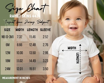 Rabbit Skins 4424 Size Chart, Baby Bodysuit Size Chart, White Infant Fine Jersey Bodysuit Size Chart, White Bodysuit Baby Mockup, Boho Bbay