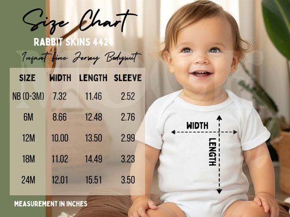 Rabbit Skins 4424 Size Chart, Baby Bodysuit Size Chart, White Infant Fine Jersey Bodysuit Size Chart, White Bodysuit Baby Mockup, Boho Bbay