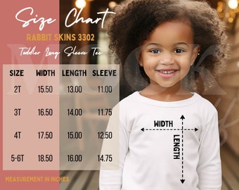 Rabbit Skins 3302 Size Chart, Toddler Long Sleeve Size Chart, Girl Toddler Mockup, White Long Sleeve, Mixed Race Toddler Boho Sizing Chart