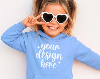 Girls Carolina Blue Gildan Youth Hooded Sweatshirt Mockup, Carolina Blue Gildan 18500B Hoodie Mockup, Cool Girl Hoodie Children's Mockup