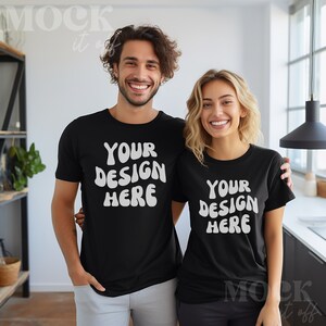 Couple Mockup Bella Canvas 3001, Black Bella Canvas TShirt Mockup, Couple Model Mock, Indoor Greenery Boho Aesthetic Boyfriend & Girlfriend