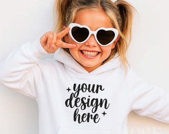 Girls White Gildan Youth Hooded Sweatshirt Mockup, White Gildan 18500B Hoodie Mockup, Cool Girl White Hoodie Children's Cute Boho Mockup