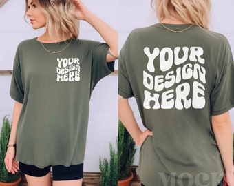 Moss Front and Back Comfort Colors 1717 Tshirt Mockup, Female Model Moss Comfort Colors, Greenery Lifestyle Mock up, Womens Moss Green Mock