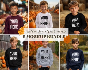 Kids Fall Mockup Bundel, Gildan 18000B Sweatshirt Mockup Bundel, Kinder Gildan Sweatshirt Bundel, Boy Mock Bundel, Herfst Herfst Pompoenen