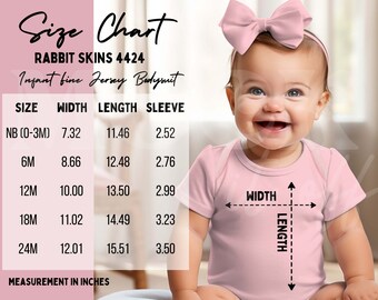 Rabbit Skins 4424 Size Chart, Baby Mockup Size Chart, Pink Infant Fine Jersey Bodysuit Sizing Chart, Pink Bodysuit Baby Mock, Baby Girl Mock