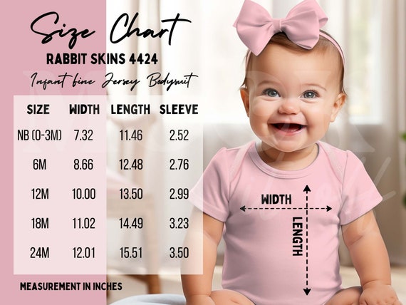 Rabbit Skins 4424 Size Chart, Baby Mockup Size Chart, Pink Infant Fine Jersey Bodysuit Sizing Chart, Pink Bodysuit Baby Mock, Baby Girl Mock