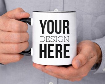 Male Mockup, 11 oz Black Accent Mug Mock, White Mug with Black Handle, Coffee Mug Ceramic with Guy Mock, Manly Mug Indoor Lifestyle Mockup