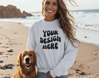 Dog Mom Mockup, White Gildan 18000 Sweatshirt Mockup, Women's White Crewneck Sweatshirt Mockup, Lifestyle Model, Boho Beach Oceanview Mock