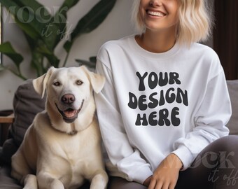 Dog Mockup, White Gildan 18000 Sweatshirt Mockup, Women's White Sweatshirt Mockup, Blonde Model, Boho Aesthetic Indoor White Gildan Crewneck