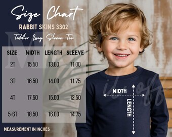 Rabbit Skins 3302 Size Chart, Toddler Long Sleeve 3302 Size Chart, Navy Toddler Long Sleeve Size Chart Mockup, Boho Boy Toddler Sizing Chart