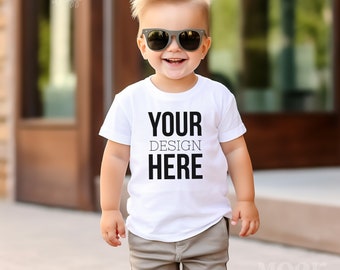 Kids Bella Canvas 3001T Mockup, White Boy T-Shirt Mockup, Toddler Boy Summer Mockup, Kids T-Shirt Mock, Boy Tee Mockup Kids Outdoor Mock