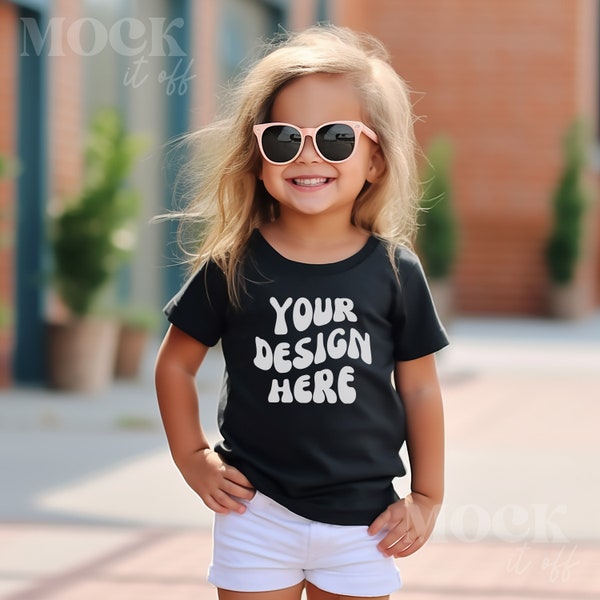 Toddler Girl Mockup, Black Bella Canvas 3001T TShirt Mock, Toddler Black Bella Canvas T-shirt, Young Girl Model Outside, Summer Vibes Mock