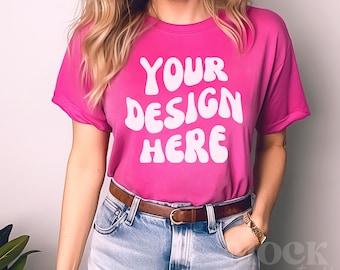 Berry Bella & Canvas 3001 TShirt Mockup, Women&#39;s Berry Pink Mockup, Boho Inside Greenery Mockup, Trendy Berry Pink Tshirt Model