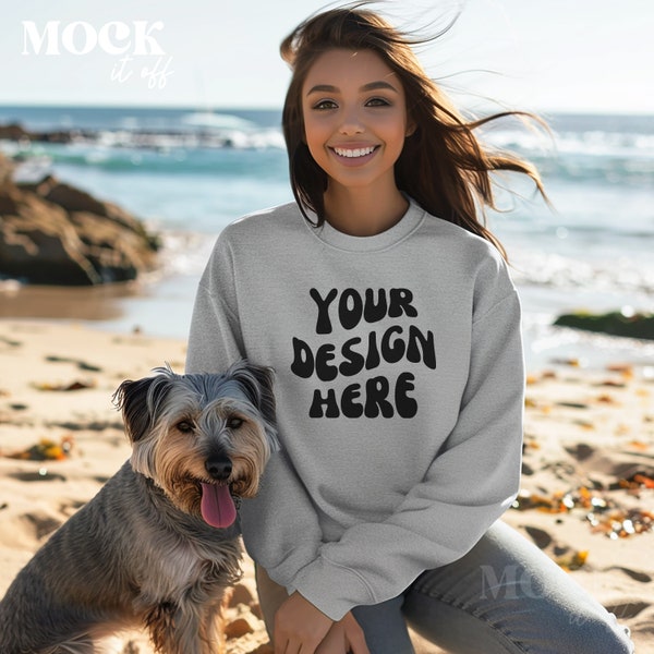 Dog Mom Mockup, Sport Grey Gildan 18000 Sweatshirt Mockup, Women's Grey Crewneck Sweatshirt Mockup, Diverse Model Mock, Boho Beach Aesthetic