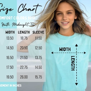 Comfort Colors 9018 Size Chart, Kids Size Chart Mockup, Chalky Mint Comfort Colors 9018 Youth Midweight Tee Mockup, Children&#39;s Oversized Tee
