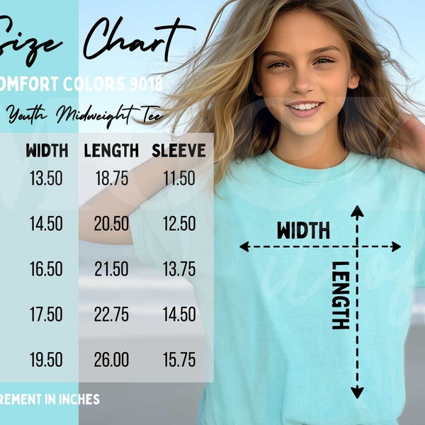 Comfort Colors 9018 Size Chart, Kids Size Chart Mockup, Chalky Mint Comfort Colors 9018 Youth Midweight Tee Mockup, Children's Oversized Tee