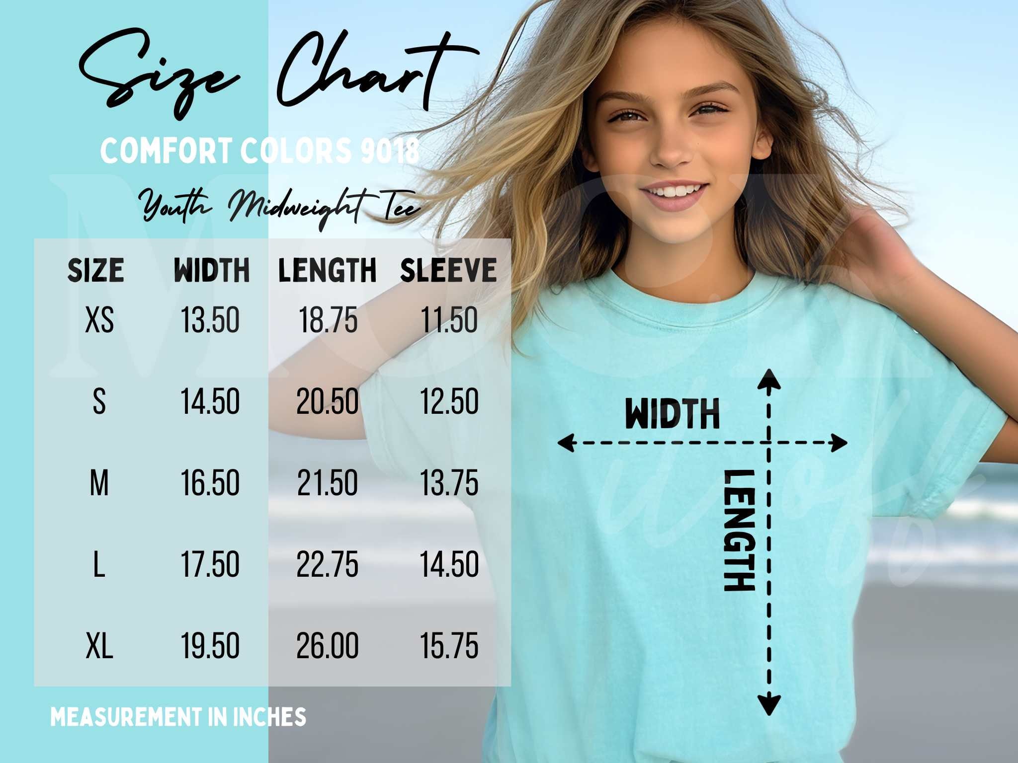 Comfort Colors 9018 Size Chart, Kids Size Chart Mockup, Chalky