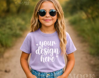 Kids Mockup, Orchid Comfort Colors 9018 Youth Midweight Tee Mockup, Children's Orchid Purple T-shirt Mockup Trendy, Outside Summer Kids Mock
