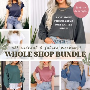 May include: A collection of mockups featuring various shirts and sweatshirts. The shirts are in different colors, including white, blue, green, and pink. The sweatshirts are in gray and blue. The text on the gray sweatshirt reads "Save More Purchasing Our Entire Shop!"