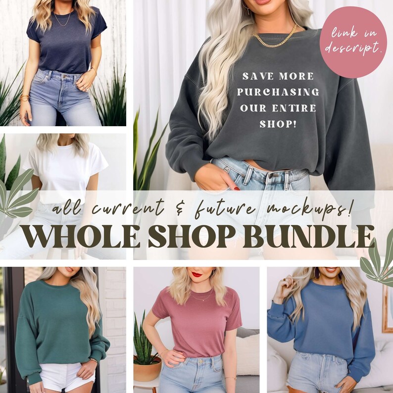 May include: A collection of mockups featuring various shirts and sweatshirts. The shirts are in different colors, including white, blue, green, and pink. The sweatshirts are in gray and blue. The text on the gray sweatshirt reads "Save More Purchasing Our Entire Shop!"
