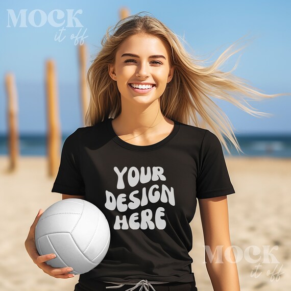 Beach Volleyball Mockup, Sports Mockup, Black Bella Canvas 3001 TShirt Mockup, Women's Black T-shirt Mock Blonde Woman with Beach Volleyball