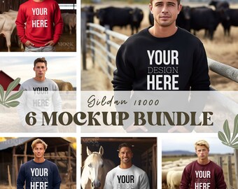 Männliches Landwirtschafts-Mockup-Bundle, Gildan 18000-Sweatshirt-Mockup-Bundle für Männer, männliches Kuh-Pferdeschaf-Hühner-Mockup, Gehöft-Sweatshirt-Bundle